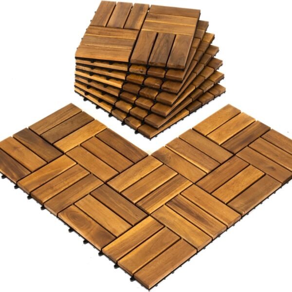 Pack of 10 Deck Tiles - 12"x12" Interlocking Natural Solid Acacia Wood for Outdoor & Indoor